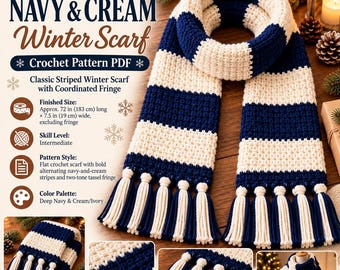 May include: A crochet winter scarf featuring bold alternating navy blue and cream stripes with a two-tone tassel fringe. The scarf measures approximately 72 inches long by 7.5 inches wide. Text on the image includes Crochet Navy & Cream Winter Scarf.
