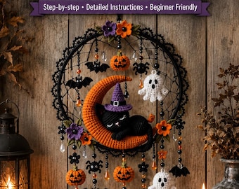 May include: A PDF crochet pattern featuring a Halloween-themed dreamcatcher with a black cat on an orange crescent moon, wearing a purple hat. The design includes crocheted ghosts, pumpkins, bats, spiders, and flowers on a black lace hoop.