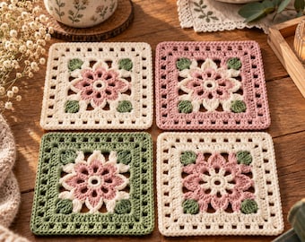 May include: Four square crochet coasters featuring a central floral motif in pink, cream, and sage green. Each coaster displays a detailed petal design surrounded by a geometric border, showcasing intricate yarn work in soft, muted color palettes.