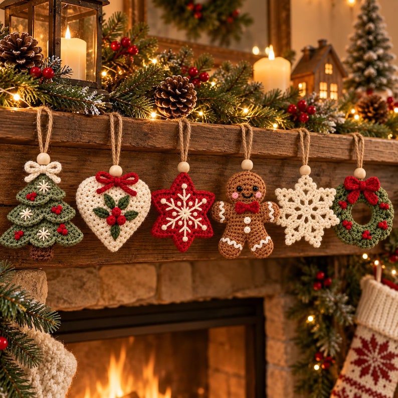 K&ouml;nnte beinhalten: Ein Set aus sechs geh&auml;kelten Weihnachtsanh&auml;ngern in einer Reihe, bestehend aus einem gr&uuml;nen Baum, einem wei&szlig;en Herz mit Stechpalme, einem roten Stern, einem braunen Lebkuchenmann, einer wei&szlig;en Schneeflocke und einem gr&uuml;nen Kranz mit Juteschn&uuml;ren.