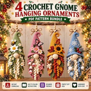 May include: A digital graphic displaying 4 crochet gnome hanging ornaments with a PDF pattern bundle title. The gnomes feature green, pink, yellow, and blue hats decorated with bees, flowers, butterflies, leaves, and snowflakes.