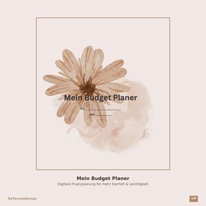 Könnte beinhalten: Ein digitales Budgetplaner-Deckblatt mit hellbeigem Hintergrund und einer braunen Aquarellblumen-Illustration. Der Text lautet Mein Budget Planer, Für: ____, Jahr: ____. Unter dem eingerahmten Bereich steht Mein Budget Planer.