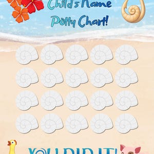 May include: A potty chart featuring a beach theme with blue water, sand, orange and red hibiscus flowers, and a tan shell hook. It includes twenty white shell icons for tracking progress, a yellow duck, a pink pig, and the text Child's Name Potty Chart! YOU DID IT!