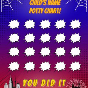 May include: A rectangular potty chart with a blue to red gradient background featuring white spiderwebs in the top corners, a black city skyline, and a spider on a web. It includes the text CHILD'S NAME POTTY CHART! and YOU DID IT, with twenty white starburst shapes for tracking progress.