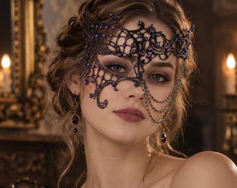 Rhinestone chain mascot mask, handmade Venetian half-face lace mask, gothic costume eye mask, Halloween party mask, a gift for her.