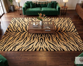 Hand Tufted Wool Rug, Gold Black Tiger Stripe, Animal Print Area Rug