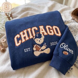 Sweatshirt met geborduurd Chicago Football-logo, schattige hoodie met dierenprint, trui met stads trots, T-shirt met berenapplicatie voor de wedstrijddag, cadeau voor de wedstrijddag