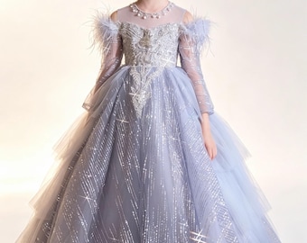 Sparkly Feather Girls Pageant Gown, Long Sleeve Tulle Princess Kids Birthday Party , Flower Girl Wedding , Formal Gala Dress for Photoshoot