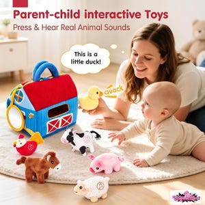 May include: A plush farm-themed toy set featuring a red and blue barn-shaped carrying case with a handle and five small stuffed animals: a yellow duck, a red and white chicken, a black and white cow, a brown horse, a pink pig, and a white sheep.