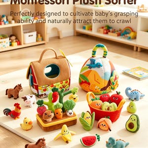 May include: A Montessori plush sorter set featuring a brown corduroy house, a dinosaur-themed dome, and various soft plush toys including a horse, cow, rooster, duck, and assorted fruits and vegetables like carrots, corn, and an avocado.