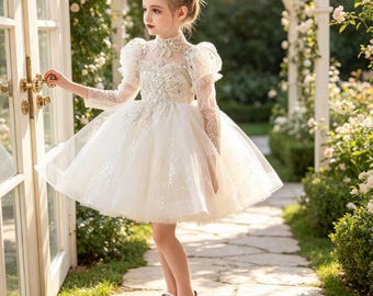 White Lace Flower Girl Dress for Wedding, High Neck Beaded Tulle Gown, Long Puff Sleeve Kids Pageant ,  Birthday Party Princess , Communion