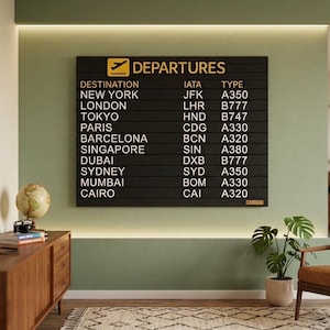 Könnte beinhalten: Ein rechteckiges schwarzes Wandschild mit einem gelben Flugzeugsymbol und dem Text DEPARTURES. Es listet zehn weltweite Städte auf, darunter New York, London und Tokio, zusammen mit den entsprechenden IATA-Flughafencodes und Flugzeugtypen in Weiß.