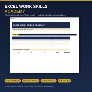 May include: A digital interface for the Excel Work Skills Academy course, featuring a spreadsheet-based layout with navigation tabs for finding solutions, learning, practice, and quizzes. It displays progress metrics including 55 skills, 10 lessons, and an advanced level status.