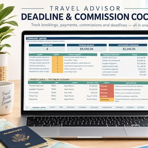 May include: A laptop displaying the Travel Advisor Deadline & Commission Cockpit software interface, featuring tables for active trips, traveller balances, and outstanding commissions, alongside a priority queue for payments and upcoming travel departures.