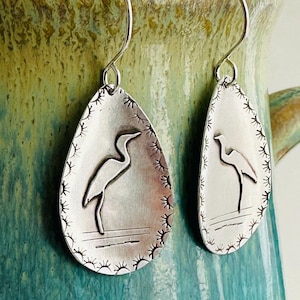 Great Blue Heron Sterling Silver Earrings, Fused Silver Earrings with Teardrop Shape and Heron Silhouette