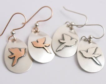 Mountain Bluebird Earrings, Fused Argentium Silver Birds in Flight Earrings