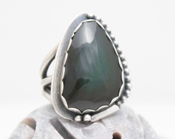 Rainbow Obsidian and Sterling Silver Ring, Bezel Set Rainbow Obsidian Cabochon Ring Size 7.5
