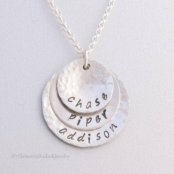 Mother's Necklace, Hand Stamped Grandmother's Necklace,  Personalized Sterling Silver Pendants Hammered