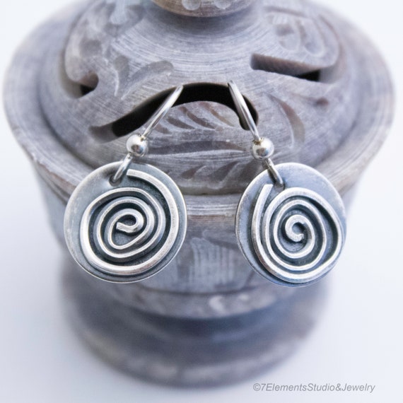 Round Spiral Earrings, Fused Argentium Silver Spiral Earrings