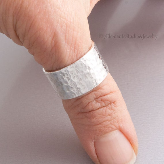 Wide Silver Thumb Ring, Hammered Sterling Silver Ring