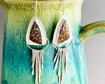 Fossilized Coral Earrings with Hammered Sterling Silver Fringe