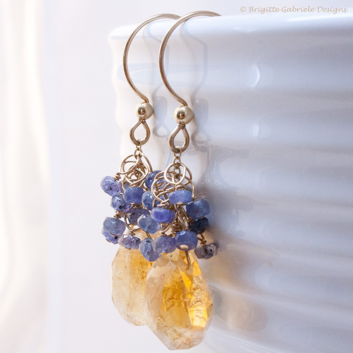 Citrine Sway Earrings with Tanzanite Clusters and 14K Gold Fill Earwires, Handmade Unique ...