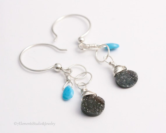 Black Druzy Quartz and Sleeping Beauty Turquoise Earrings, Sterling Silver Dangle Earrings with Druzy Quartz and Turquoise