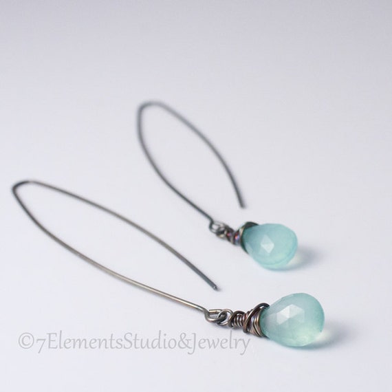 Blue Chalcedony and Oxidized Sterling Silver Earring