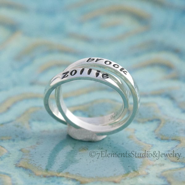 Double Mother's Ring, Interlocking Name Rings, Personalized Rolling Rings, Nested Sterling Silver Rings