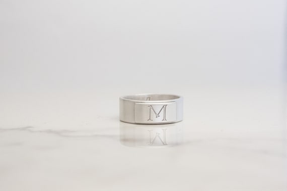 Satin Silver Signet Ring, Men's Sterling Initial Ring