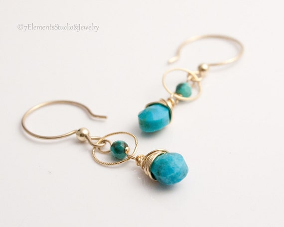 Kingman Turquoise Briolette Earrings, Turqoise and Gold Dangle Earrings