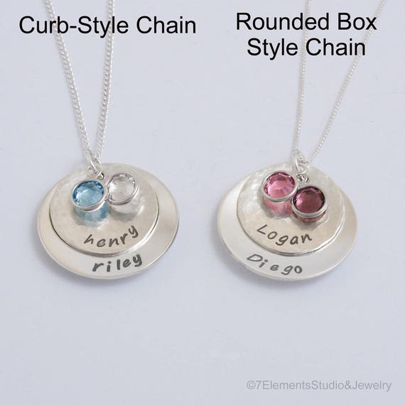 Birthstone Mother's Necklace,  Personalized Argentium Silver Pendants with Birthstone Crystals, Hand Stamped Grandmother's Necklace