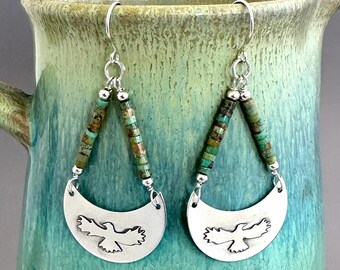 Eagle Argentium Silver Earrings, Fused Bird Silhouette Earrings with Green Turquoise
