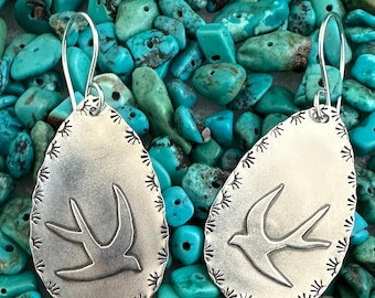 Barn Swallow Argentium Sterling Silver Earrings, Fused Silver Earrings with Teardrop Shape and Bird Silhouette
