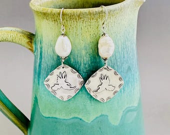 Red-Tailed Hawk Fused Argentium Silver Earrings with Baroque Pearls