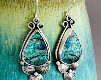 Shattuckite and Sterling Silver Teardrop Earrings