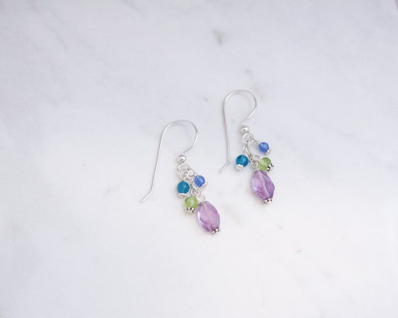 Amethyst and Silver Earrings with Peridot, Apatite, Blue Onyx