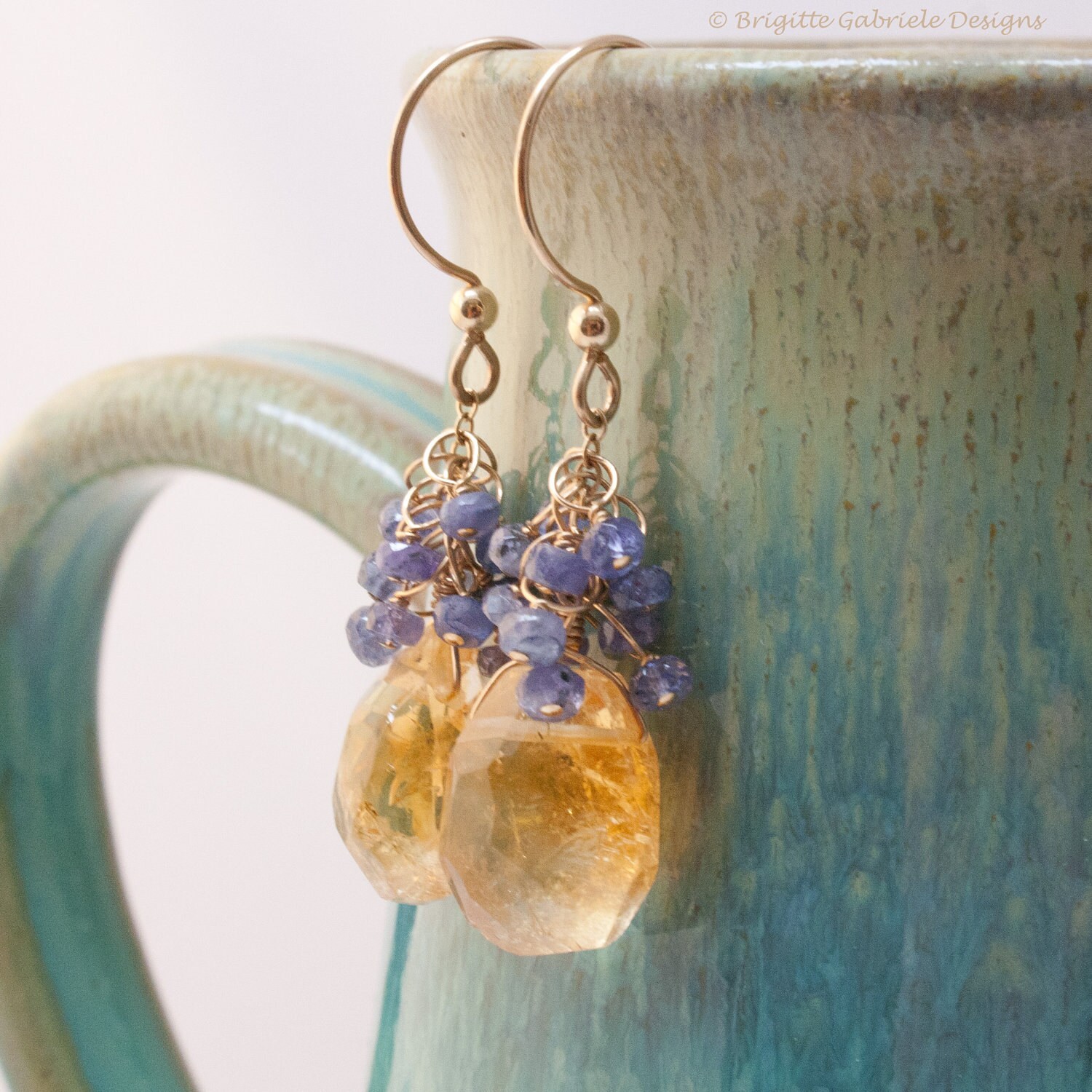 Citrine Sway Earrings with Tanzanite Clusters and 14K Gold Fill Earwires, Handmade Unique ...