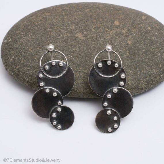 Fused Argentium Silver Earrings, Studded Curved Earrings