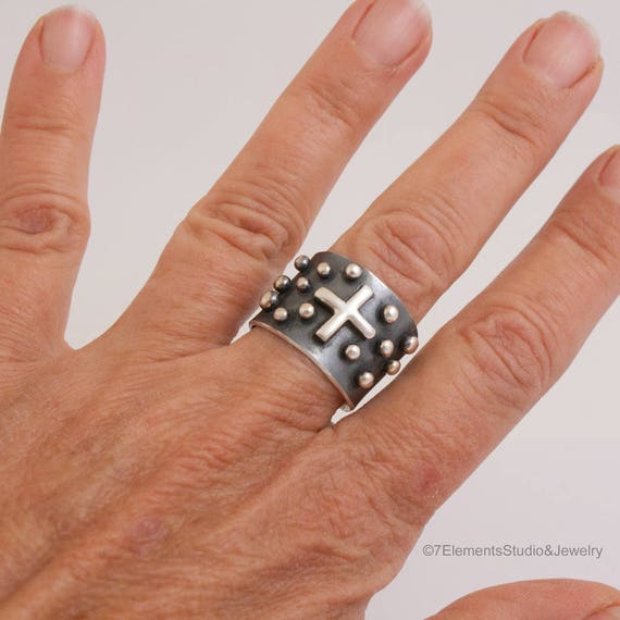 Statement Ring, 4 Directions Argentium Silver Ring, Wide Studded Ring