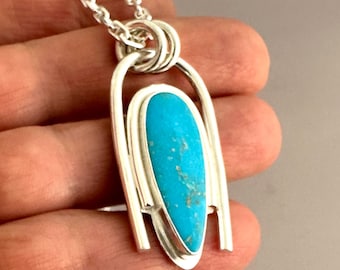 Blue Gem Turquoise Necklace,  Sterling Silver