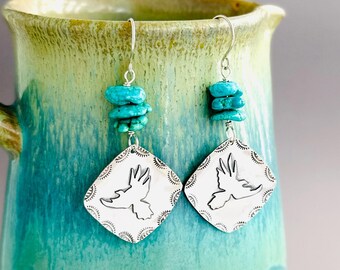 Red Tailed Hawk Argentium Silver Fused Earrings with Turquoise