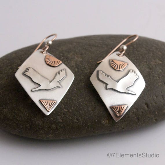 Raven Earrings, Fused Argentium Silver and Copper Earrings, Birds in Flight Series