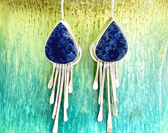 Dumortierite and Sterling Argentium Silver Fringe Earrings