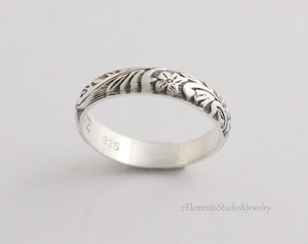 Sterling Ring, 4mm Leaf and Flower Pattern Wedding Band, Silver Woodland Ring, Sterling Stackable Patterned Ring