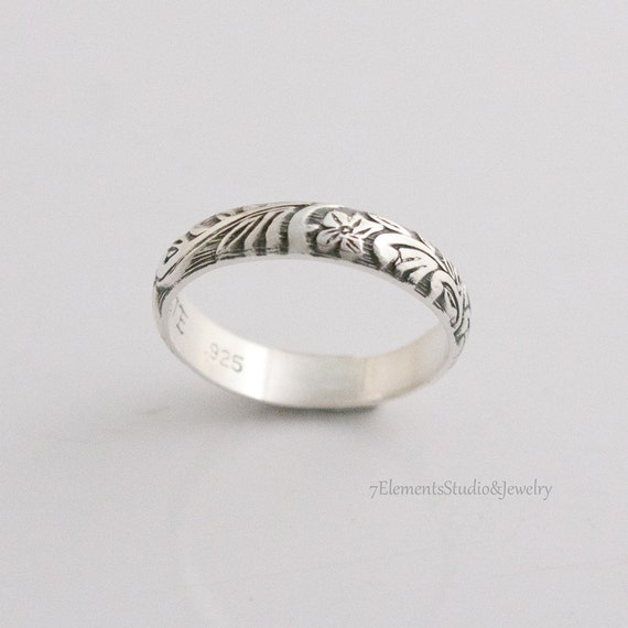 Sterling Ring, 4mm Leaf and Flower Pattern Wedding Band, Silver Woodland Ring, Sterling Stackable Patterned Ring