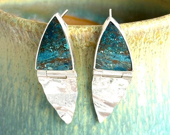 Shattuckite and Reticulated Silver Modern Geometric Post Earrings