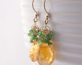 Citrine Sway Earrings with Tsavorite Clusters and 14K Gold Fill Earwires, Unique Handmade Citrine and Tsavorite Gemstone Earrings