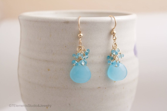 Blue and Gold Earrings, Chalcedony, Appatite and 14K Gold Fill Earrings