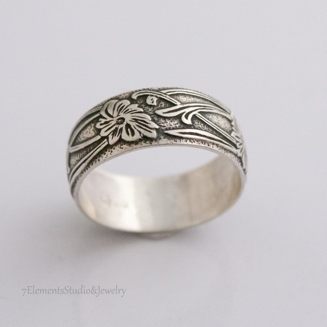 Wide Ring Sterling Floral Motif Ring Silver Flower & Vine Etsy
